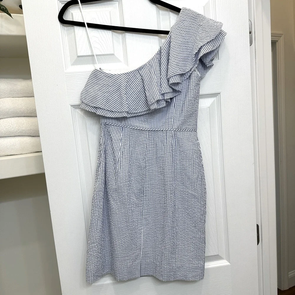 J. Crew Seersucker Striped Blue and White One Shoulder Ruffle Dress NWT Size 00